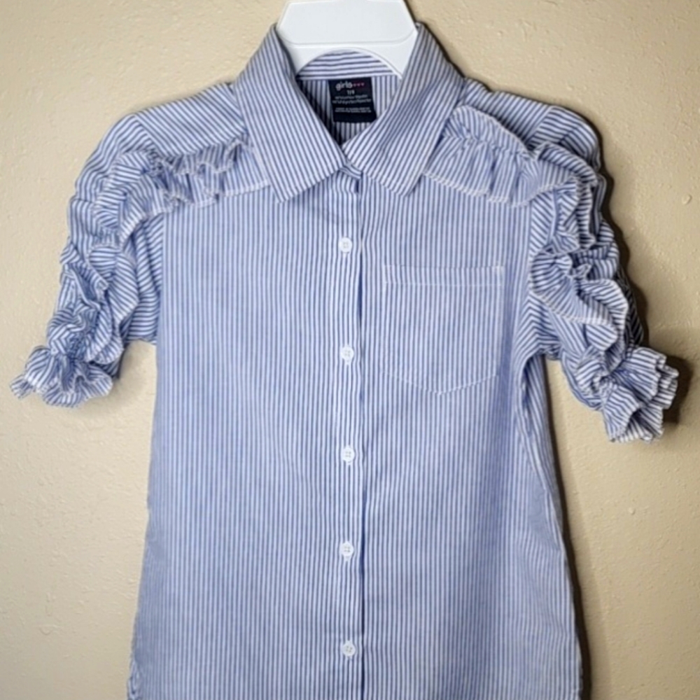 Girls 7-16 Striped Ruched Sleeve Shirt - Size 7/8